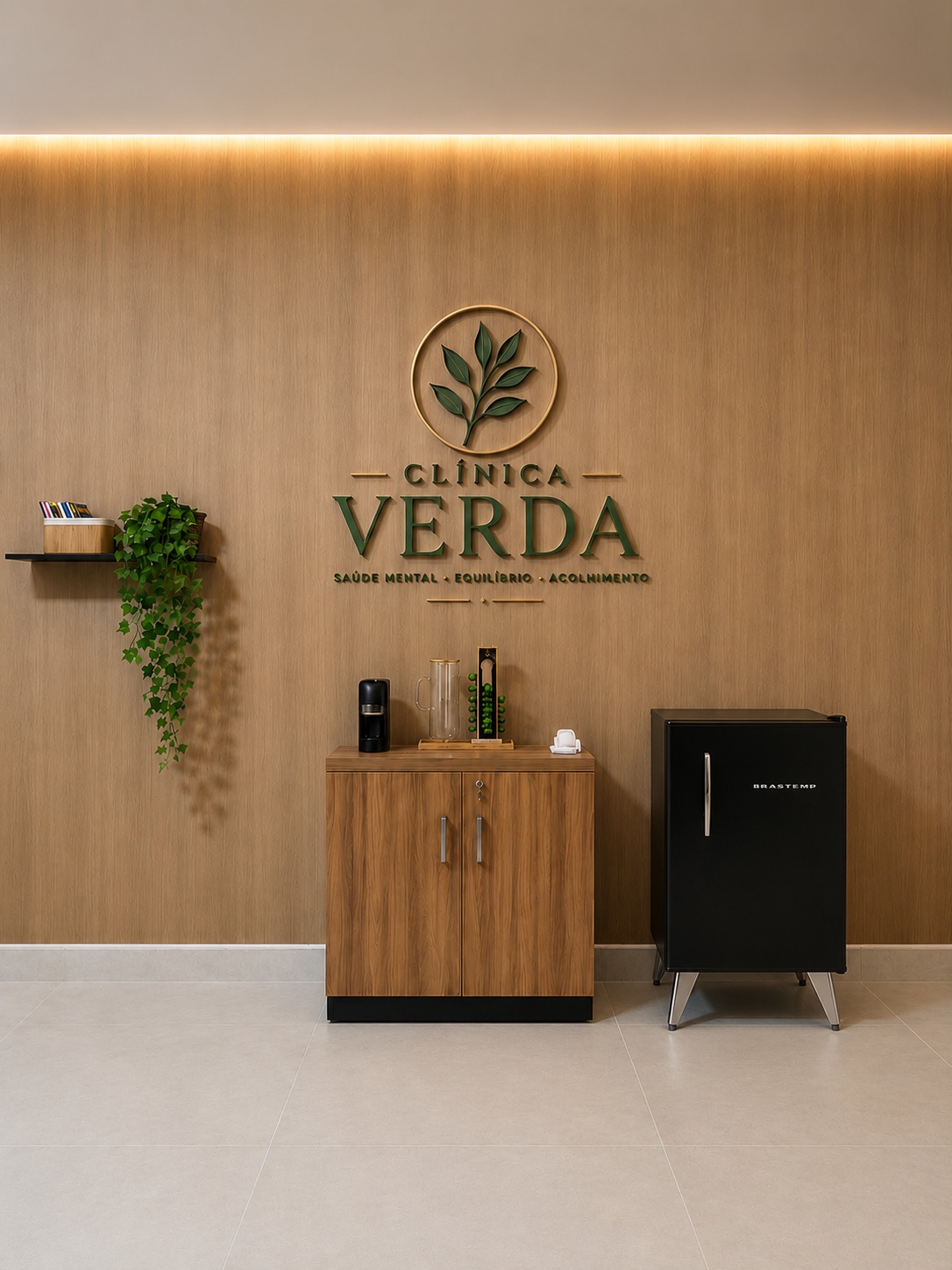 Recepção da Clínica Verda com logotipo em parede de madeira e iluminação âmbar